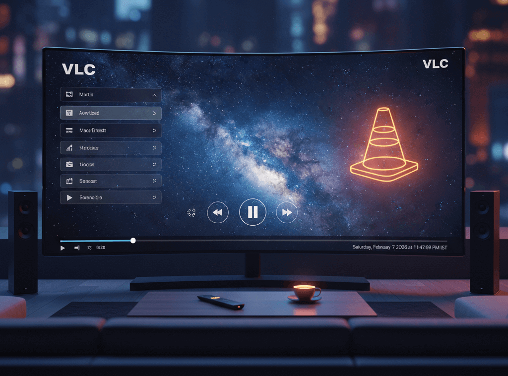VLC media player displayed on a curved ultrawide TV in a modern home entertainment setup with speakers