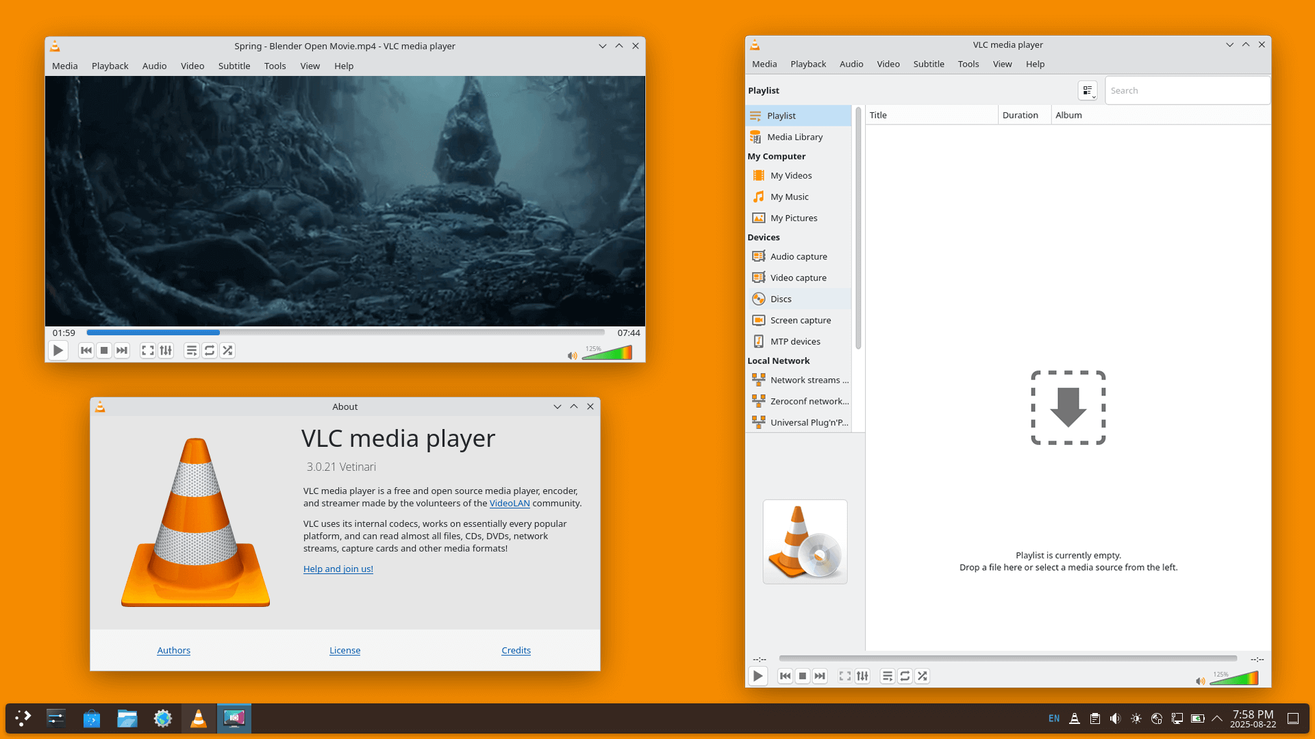 VLC media player full interface overview on Linux KDE showing playlist panel, media library, and About dialog