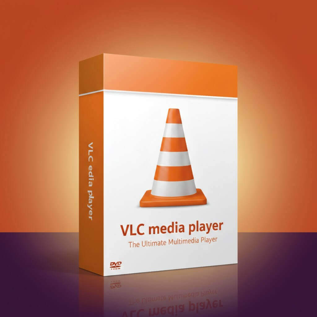 VLC media player software box design showing the iconic orange cone and product branding